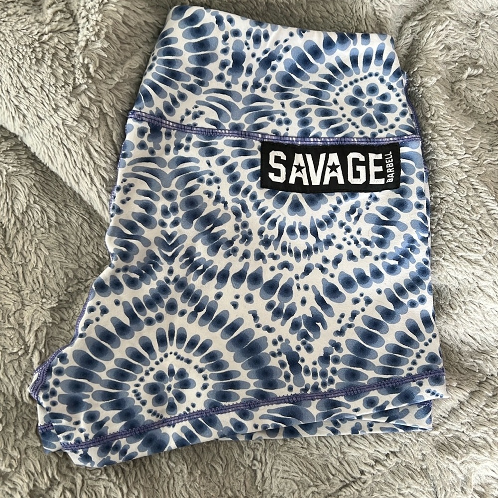 M Savage Barbell Blue Tie Dye Print Athletic Shorts Original 2.5”